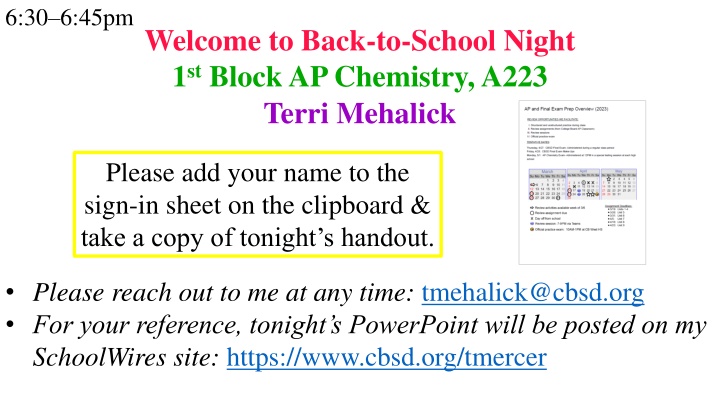 Back-to-School Night for AP Chemistry with Terri Mehalick