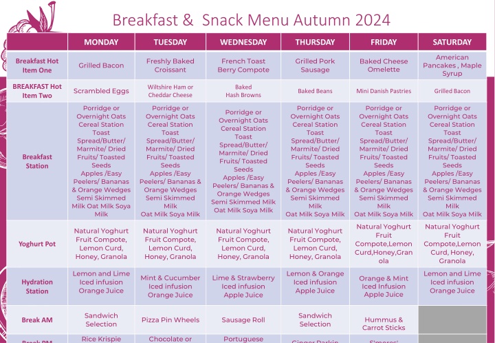 Breakfast & Snack Menu Autumn 2024