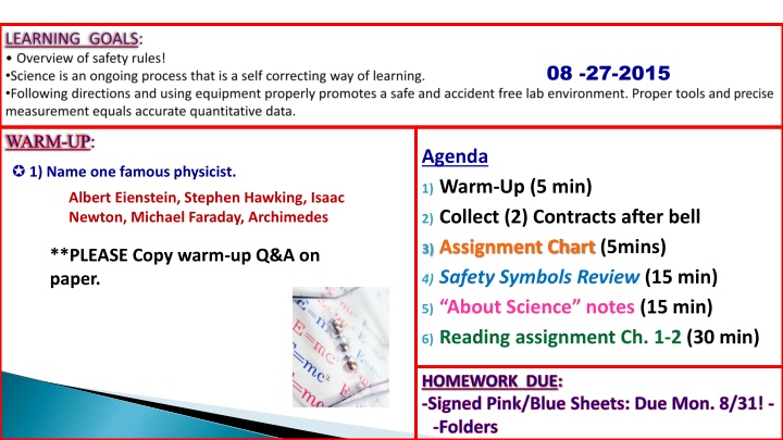 Physics Agenda and Safety Symbols Review