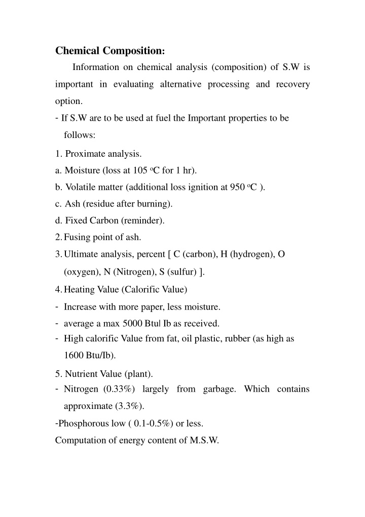 Chemical Composition and Generation Rates in Solid Waste Management