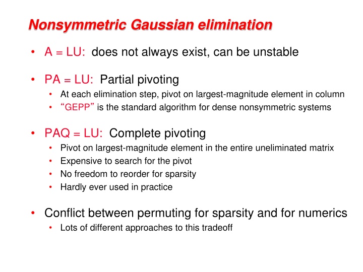 Nonsymmetric Gaussian elimination