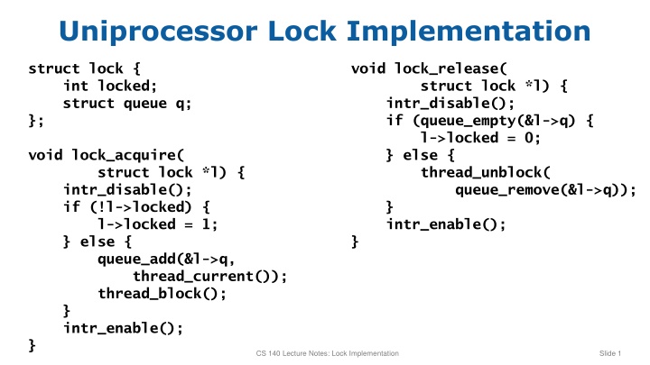 Uniprocessor Lock Implementation