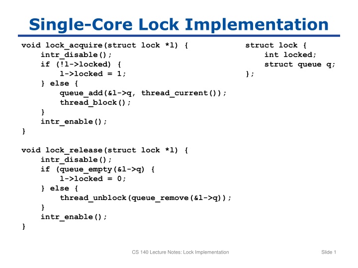 Single-Core Lock Implementation