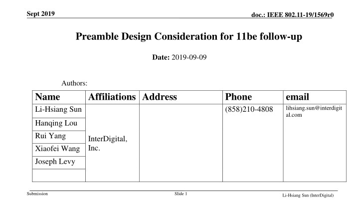 Preamble Design Consideration for 11be follow-up