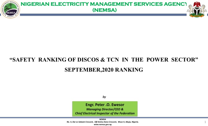 NEMSA Safety Ranking of DISCOs & TCN in the Power Sector September, 2020
