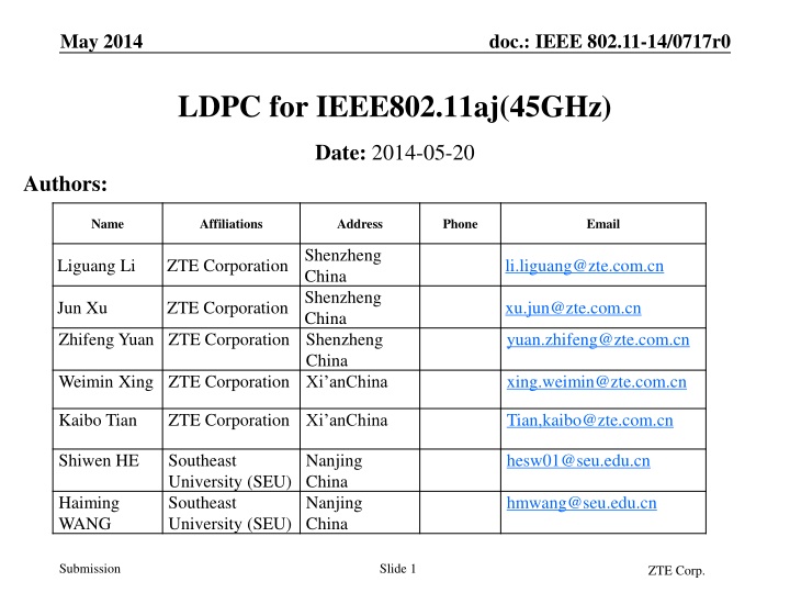 LDPC Coding for IEEE802.11aj in 45GHz