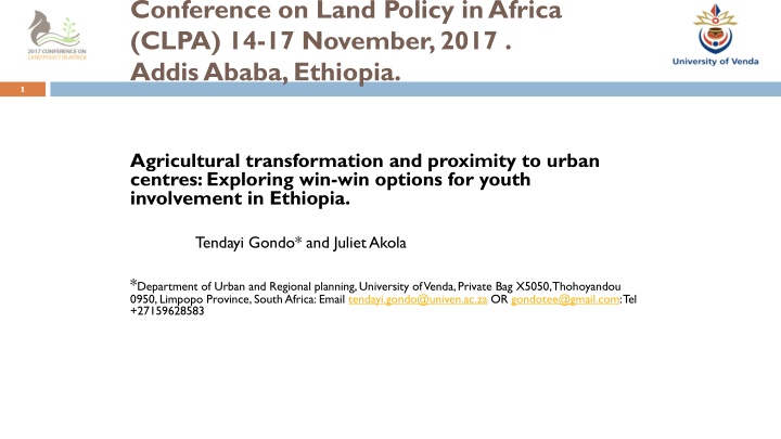 Agricultural Transformation and Proximity to Urban Centres: Win-Win Options for Youth in Ethiopia