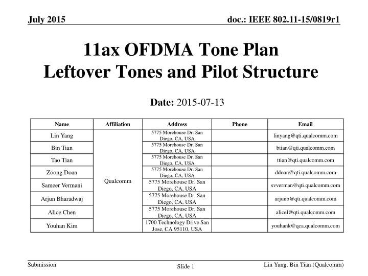 IEEE 802.11-15/0819r1.11ax OFDMA Tone Plan Leftover Tones and Pilot Structure