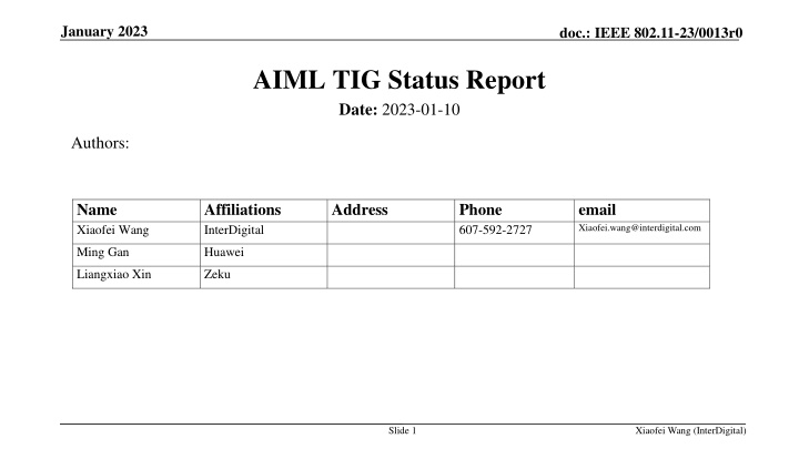 AIML TIG Status Report