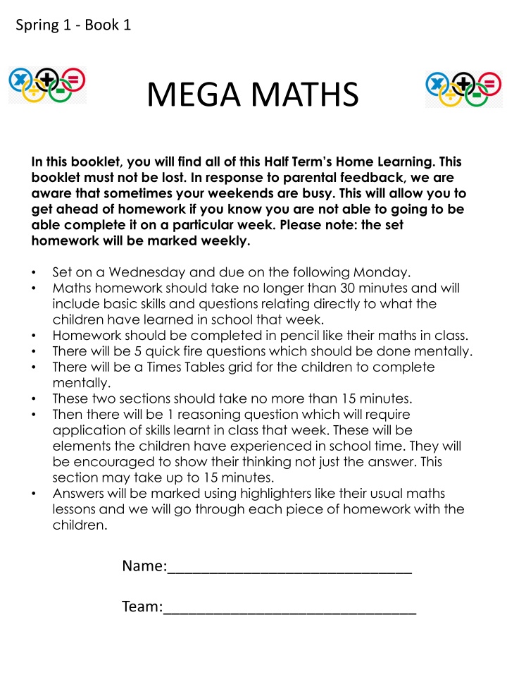 Mega Maths Homework Booklet for Spring Term
