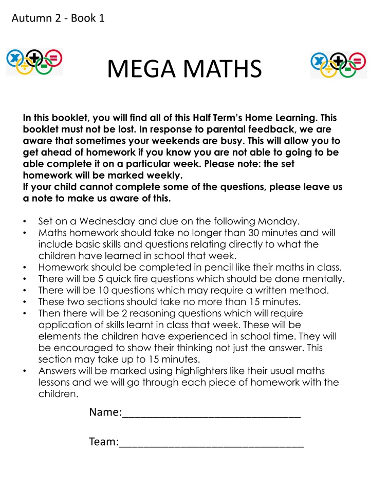 MEGA MATHS: Half Term Home Learning
