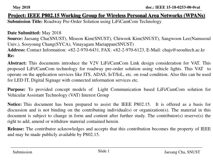 Roadway Pre-Order Solution using LiFiCamCom Technology