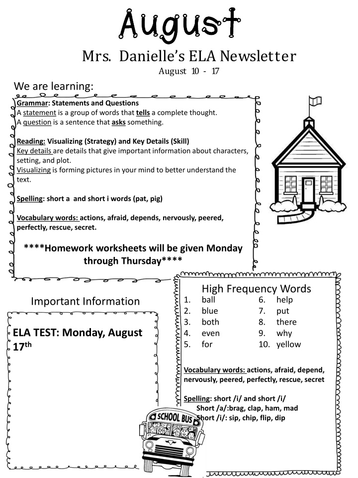 Mrs. Danielles ELA Newsletter - Grammar, Reading, Spelling Highlights