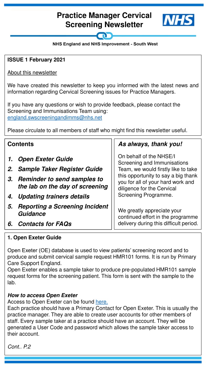 NHSE/I Cervical Screening Newsletter Issue 1 - February 2021