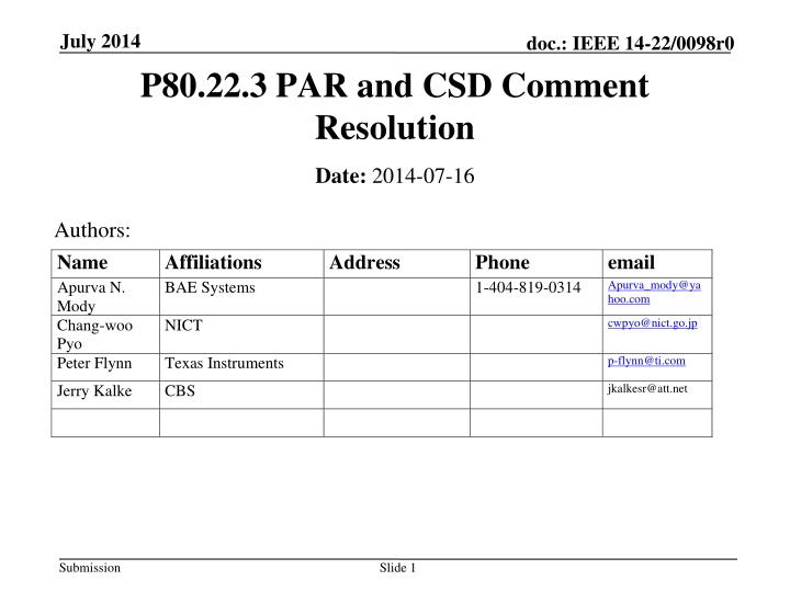 IEEE 14-22/0098r0 Comments Resolution