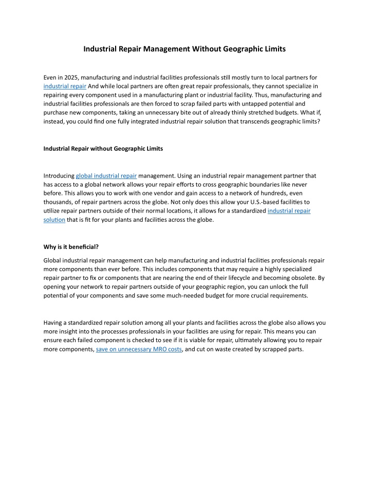 industrial repair management without geographic n.w