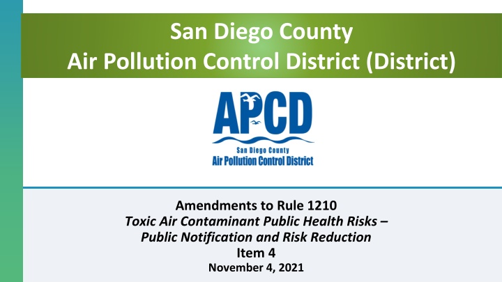 San Diego County Air Pollution Control District Amendments Rule 1210 Toxic Air Contaminant Public Health