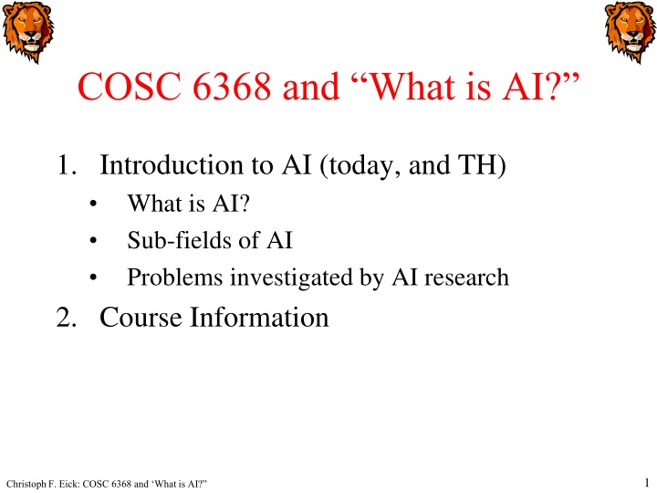 Introduction to Artificial Intelligence: Definitions, Sub-fields, and Questions