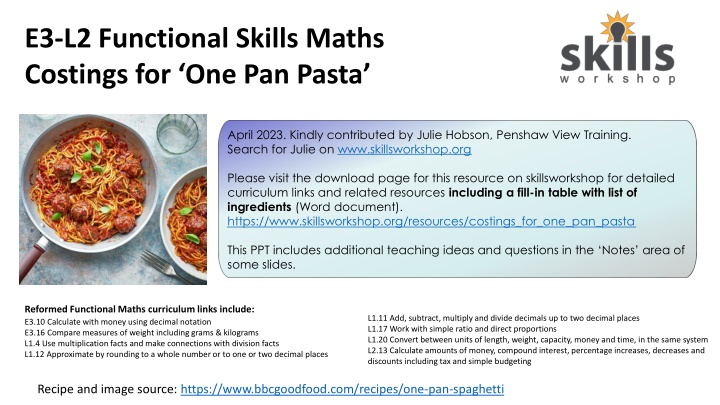 Costings for One-Pot Pasta - April 2023 Recipe