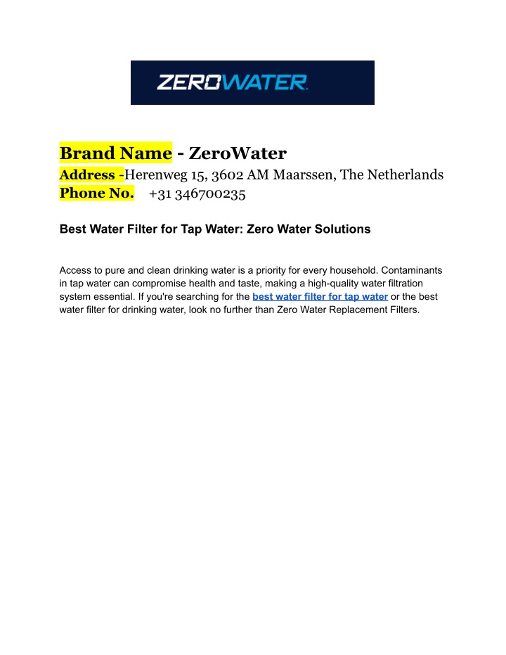 brand name zerowater address herenweg 15 3602 n.w