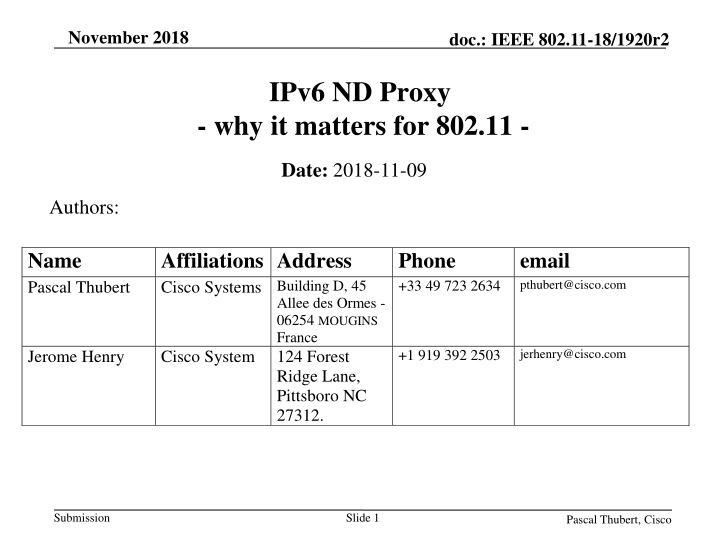 IEEE 802.11-18/1920r2 IPv6 ND Proxy