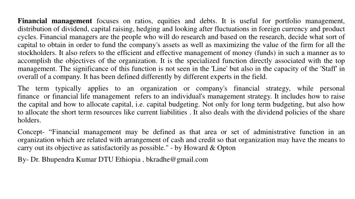 Financial Management and Objectives
