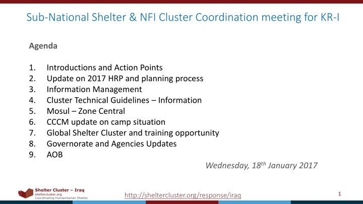 KR-I Shelter & NFI Cluster Coordination Meeting Agenda
