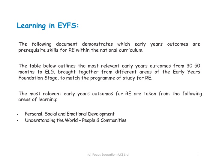 Early Years Outcomes for Religious Education