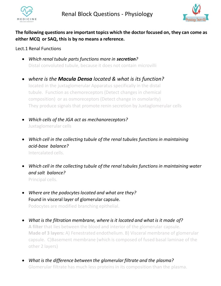 Renal Block Questions - Physiology