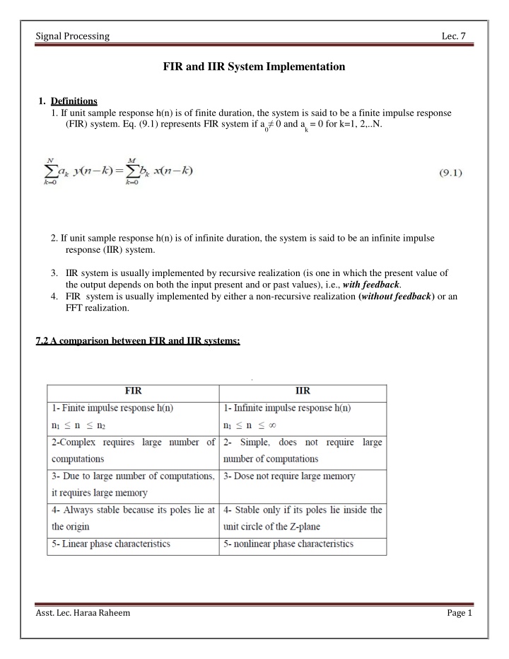 FIR and IIR System Implementation: Definitions and Realizations