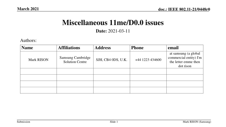 IEEE 802.11-21/0448r0 Miscellaneous Issues Examined in March 2021
