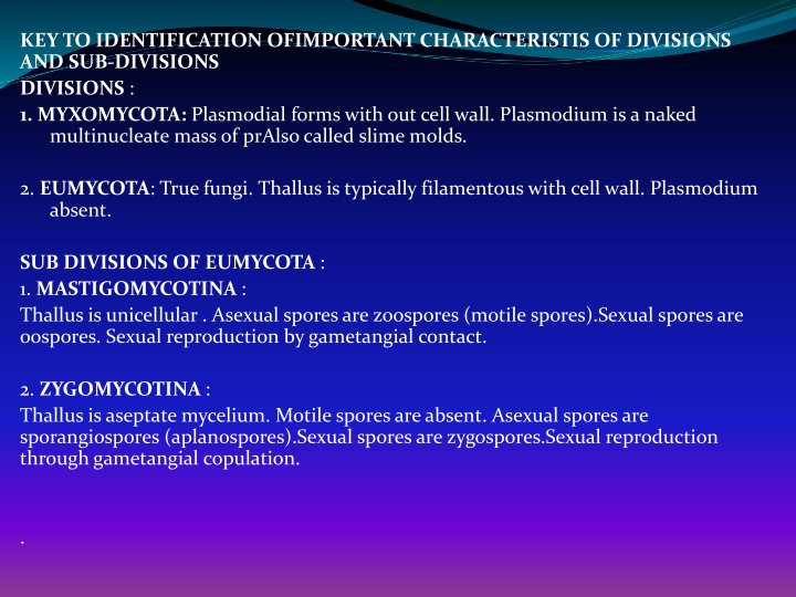 Key Characteristics of Fungal Divisions and Subdivisions