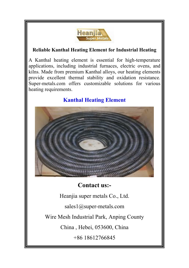 reliable kanthal heating element for industrial n.w