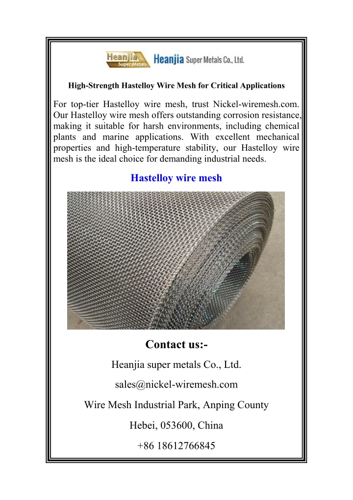 high strength hastelloy wire mesh for critical n.w
