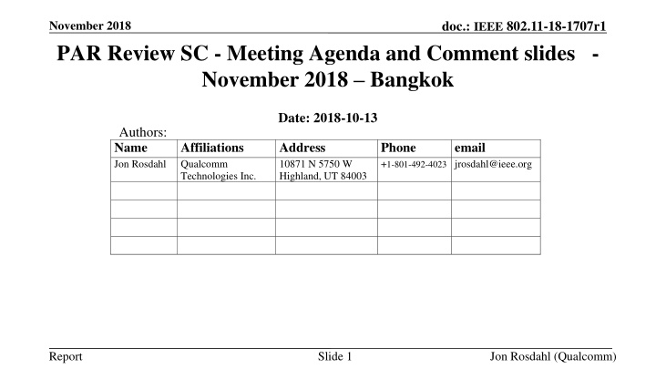 IEEE 802.11-18-1707r1 PAR Review Meeting Agenda