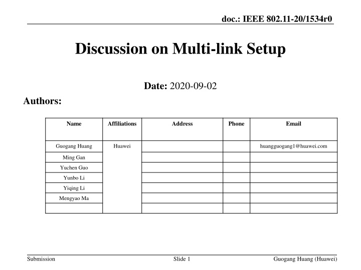 IEEE 802.11-20/1534r0 Multi-link Setup Discussion