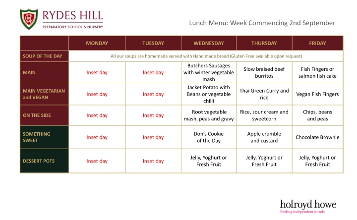 School Lunch Menu - September Selection