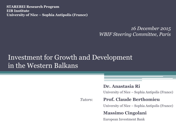 Investment for Growth and Development  in the Western Balkans