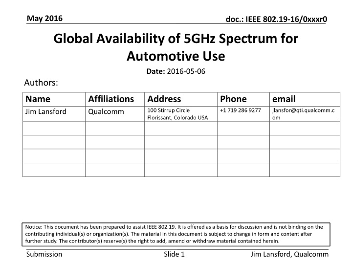 Global Availability of 5GHz Spectrum for Automotive Use
