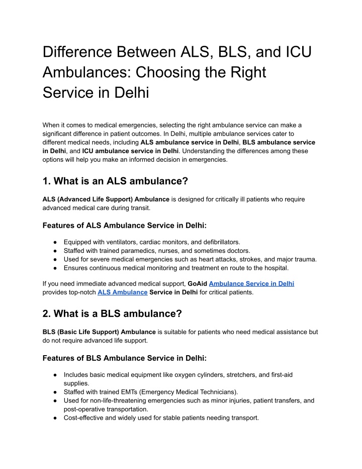 difference between als bls and icu ambulances n.w