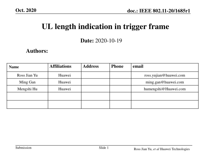 UL Length Indication in Trigger Frame - IEEE 802.11-20/1685r1