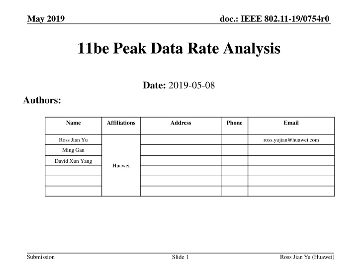 IEEE 802.11-19/0754r0 Peak Data Rate Analysis