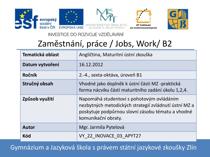 Jobs and Work: Questions and Tasks for English Maturita Exam