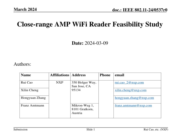 Feasibility of AMP WiFi Reader for Close-Range Applications