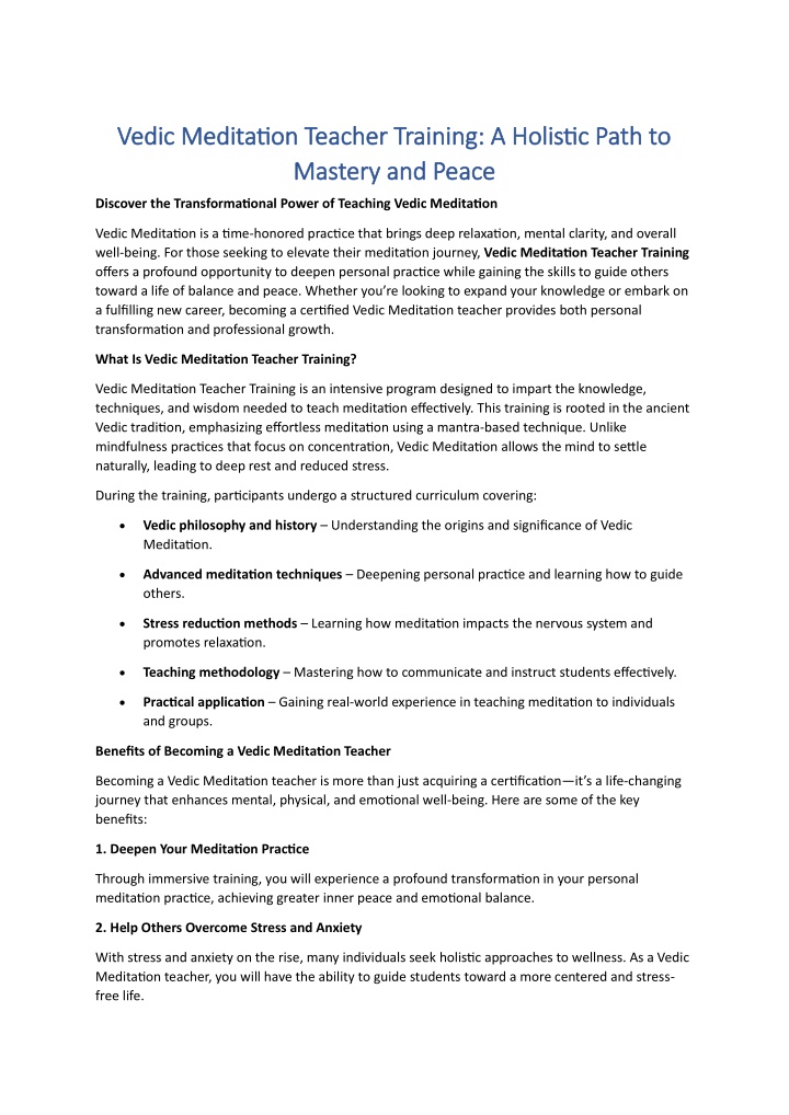 vedic meditation teacher training a holistic path n.w