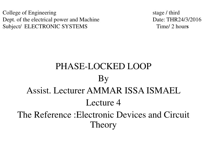 Phase-Locked Loops: Electronic Circuit Applications