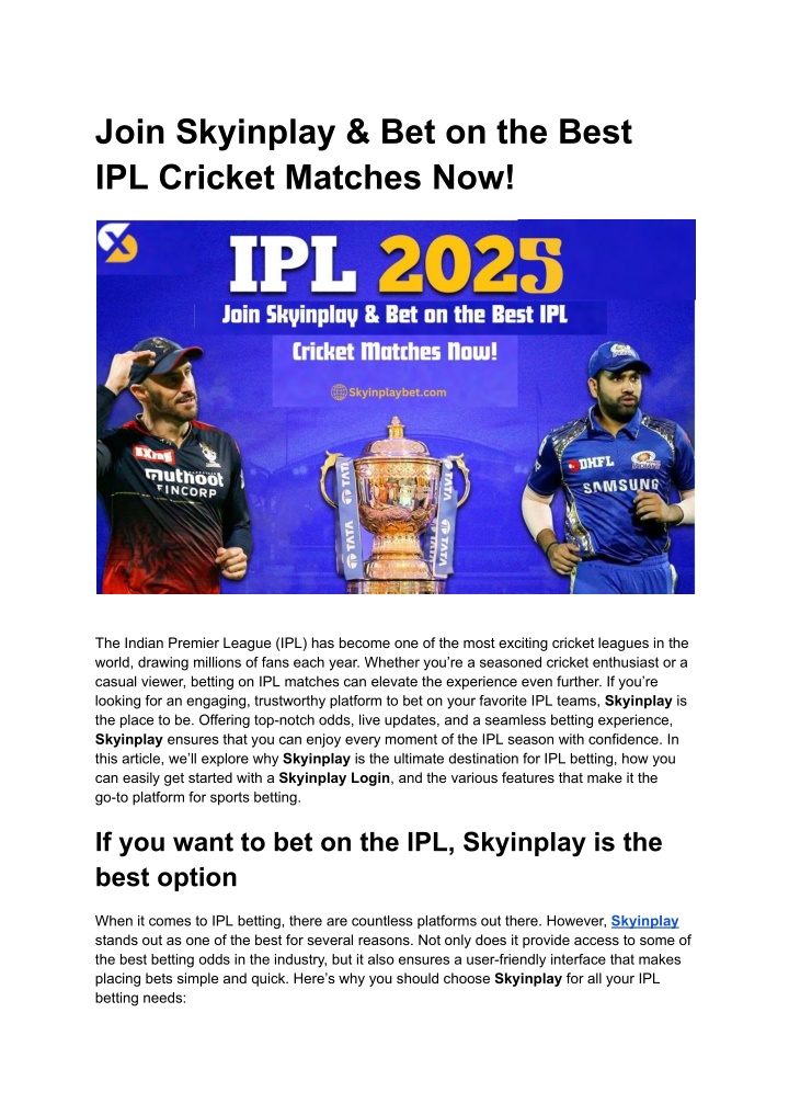join skyinplay bet on the best ipl cricket n.w