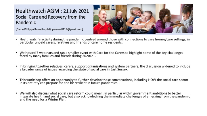 Social Care and Recovery from the Pandemic: Healthwatch AGM Workshop