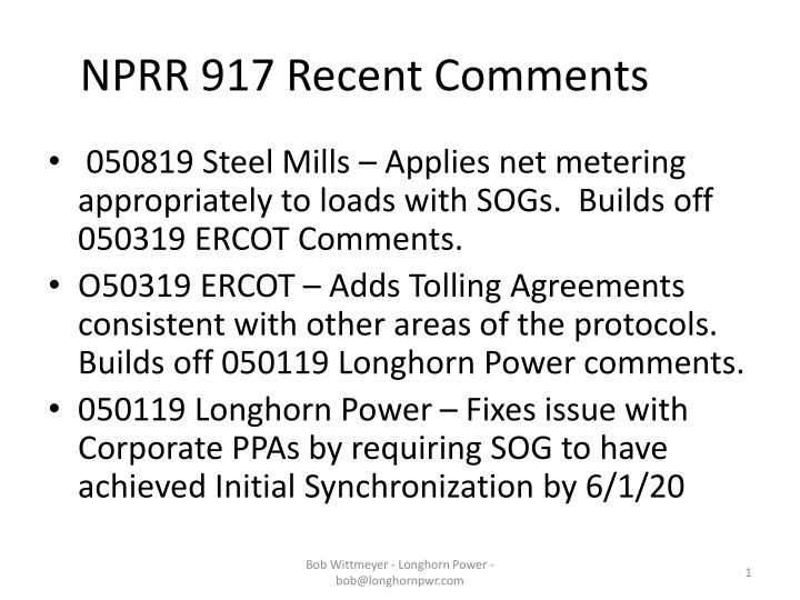 NPRR.917 Recent Comments on Steel Mills Net Metering and SOGs