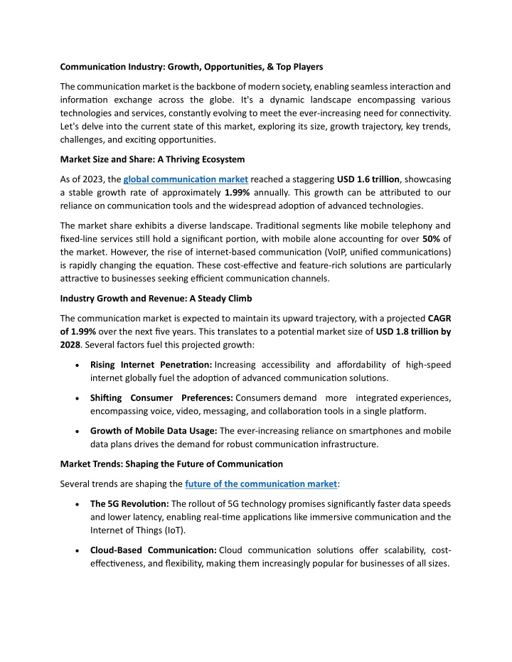 communication industry growth opportunities n.w